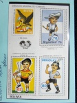 Bolivia, folinha com cinderelas e selos alusivos ao tema futebol. Não catalogado, sem goma. Raro.