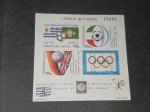 Uruguai, bloco com selos tema Futebol/Olimpíadas, de 1994, Prova/MUESTRA, com os valores cancelados. Estas provas eram utilizadas para enviar aos jornalistas e embaixadas, para divulgação dos selos. NSG. Mostra a Bandeira do Brasil e Uruguai, campeões Mundiais de Futebol