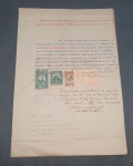 Brasil, documento de 27 de Junho de 1925, averbação de ações da Auto Viação de Uberabinha, com vários selos/estampilhas fiscais do estado de MG. Bom estado com marcas de dobra