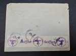 Itália/Fascismo, envelope publicitário circulado em 1940 para Alemanha, tendo no verso carimbos e tarja de fechamento da censura nazista. Item de luxo! OBS: O item não Promove ou glorifica a violência da intolerância racial ou religiosa. Está à venda apenas para fins de preservação da memória histórica. A Casa de Leilões não faz apologia a quaisquer movimentos políticos ou ideológicos, bem como repudia qualquer ideologia de cunho racista.