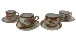 Japão. Quatro xícaras para café com seus respectivos pires em porcelana japonesa tipo casca de ovo, decoradas com motivos orientais policromados e filetes em ouro. Uma xícara apresenta discretíssimo bicado e outra pequeno fio de cabelo.