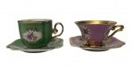 Mauá. Conjunto com 2 xícaras para café com seus respectivos pires em porcelana esmaltada, decoradas em tons de verde e rosa, com reservas florais policromadas e rica ornamentação em ouro. Manufatura marcada no verso.