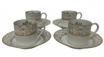 Thomas Bavaria. Conjunto com 4 xícaras para café com seus respectivos pires em porcelana esmaltada, decorados com faixa rendilhada em ouro, motivo floral policromado no interior das xícaras e bordas filetadas em ouro. Manufatura marcada no verso.