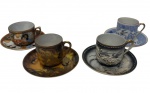 Japão. Conjunto com 4 xícaras para café com seus respectivos pires em porcelana japonesa esmaltada, decoradas com diferentes motivos orientais policromados, incluindo figuras, aves e dragão em relevo, com detalhes e filetes em ouro.