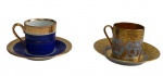 Conjunto com 2 xícaras para café com seus respectivos pires em porcelana esmaltada, sendo uma da manufatura Paraná e uma da manufatura Limoges, decoradas em azul cobalto e azul-claro, com rica ornamentação e filetes em ouro. Manufaturas marcadas no verso.