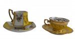 Conjunto com 2 xícaras para café com seus respectivos pires em porcelana esmaltada, sendo uma da manufatura Windsor e outra Luiz XV, decoradas com reservas florais, acabamento perolizado e rica ornamentação em ouro, com bordas filetadas. Manufaturas marcadas no verso.