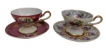 Duas xícaras para café com seus respectivos pires, em porcelana japonesa, decoradas com reservas representando cenas galantes, fundo vinho e branco, ricamente ornamentadas em ouro. Alças e bordas filetadas a ouro.