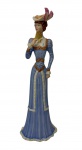 Antiga escultura em porcelana biscuit com finíssimo acabamento e pintura policromada feita à mão, retratando uma esguia e distinta dama da Belle Époque em postura aristocrática, trajando suntuoso vestido longo azul com detalhes em relevo dourado e debrum branco, segurando um leque aberto em uma das mãos e ostentando um chapéu. Medidas: 23 x 7,2 x 7,5 cm.
