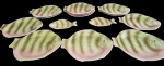 Shorter & Son Ltd., Stoke-on-Trent, England. Conjunto com 14 pratos em faiança inglesa, em formato de peixe, esmaltados em tons de verde e rosa, com decoração em relevo simulando escamas. Composto por 12 pratos grandes e 2 pratos pequenos. Manufatura no verso. Medidas: pratos grandes: 3 x 23 x 20 cm; pratos pequenos: 2 x 17 x 13 cm.