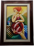 Maria Taghan A Mulher e a Natureza, 1989. Óleo sobre tela, assinado no canto inferior esquerdo e identificado no verso com título, autoria e data. Medidas da tela: 80 x 50 cm. Medidas com moldura: aproximadamente 102 x 72 cm