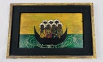 Pintura sobre placa de eucatex, com fundo dourado, representando cena religiosa com sete figuras em embarcação, executada em linguagem característica da tradição iconográfica etíope, com figuras frontalizadas, olhos ampliados e vestes ornamentadas. O mar é representado em tom verde com grafismos estilizados, em contraste com o fundo dourado, recurso recorrente na pintura sacra etíope. Assinado "Jese" no canto inferior direito. Medidas; 38 x 25 cm.