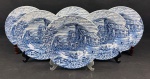 Wood & Sons, modelo "The Post House" English Ironstone. Seis pratos fundos em porcelana inglesa esmaltada, decorados em azul no padrão "Fazendinha" com cena campestre representando estalagem, carruagem e paisagem rural, inspirada na tradição Blue Transferware. Medidas: 3,5 x 23 cm de diâmetro.