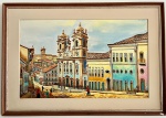 Quadro retratando a cidade de salvador, em oléo sobre tela, traço finos, perfeito estado -, moldura de madeira e paspatour branco 70x101cm. assinado.