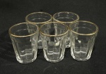 CONJUNTO DE CINCO COPINHOS EM VIDRO COM BORDA FILETADA A OURO.PARA APERITIVO MARCA KOPAL.  MEDINDO 5.5 X 4.5 CM