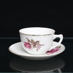 PORCELANA RAMI, Jundiaí  São Paulo (fundada em 1930). Xícara para chá em porcelana nacional, de esmaltação branca, decoração floral em estampagem policromada, representando orquídeas em tonalidades rosa, verde e amarelo. Bojo hemisférico assente sobre base circular, com alça lateral angular realçada por douradura; pires circular de aba ligeiramente côncava, ornamentado pelo mesmo motivo botânico. Bordas e cavidade de assentamento delimitadas por frisos dourados. Marca de manufatura PORCELANA RAMI na base. Medidas: Xícara: Alt.: 5 x Comp.: 10,5 x Larg.: 8,5cm. ; Pires: Diam.: 14cm.