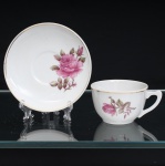 PORCELANA RAMI, Jundiaí  São Paulo (fundada em 1930). Xícara para chá em porcelana nacional, de esmaltação branca, decoração floral em estampagem policromada, representando orquídeas em tonalidades rosa, verde e amarelo. Bojo hemisférico assente sobre base circular, com alça lateral angular realçada por douradura; pires circular de aba ligeiramente côncava, ornamentado pelo mesmo motivo botânico. Bordas e cavidade de assentamento delimitadas por frisos dourados. Marca de manufatura PORCELANA RAMI na base. Medidas: Xícara: Alt.: 5 x Comp.: 10,5 x Larg.: 8,5cm. ; Pires: Diam.: 14cm.