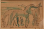 Lívio Abramo (Araraquara, SP, 1903 - Assunção, Paraguai, 1992). Cavalos. Técnica mista sobre papel (Aquarela e traços a lápis). Datado e localizado Rio, 1950. Apresenta dedicatória autógrafa manuscrita. Moldura em passpartout envidraçado. O verso preserva etiqueta comercial da oficina "Arte Facto / Molduras", evidenciando oxidação difusa natural do suporte (pontos de foxing). Medidas: Alt. x Comp.:(Gravador, desenhista, pintor e professor, é reconhecido como um dos principais pioneiros e renovadores da gravura moderna brasileira no século XX. Sua produção artística dialogou inicialmente com as temáticas sociais do expressionismo europeu e com a fase antropofágica de Tarsila do Amaral. Desenvolveu estreita colaboração com a arquitetura moderna, integrando painéis, relevos e mosaicos a projetos residenciais proeminentes, como os pisos da residência Oscar Americano em São Paulo. Em 1950, ano de execução desta obra, obteve o prestigioso prêmio de viagem ao exterior pelo Salão Nacional de Belas Artes. Laureado como o melhor gravador nacional na II Bienal Internacional de São Paulo (1953), fundou o Estúdio Gravura em 1960 com Maria Bonomi. A partir de 1962, radicou-se no Paraguai a convite do Ministério das Relações Exteriores, onde chefiou o Setor de Artes Plásticas do Centro de Estudos Brasileiros e fundou o Instituto do Patrimônio Histórico e Artístico daquele país).