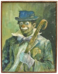 José Lino Zechetto(São Paulo,1927). "Palhaço". Óleo sobre eucatex. Assinada e datada 1963 no CID. Medidas: Alt.: x Comp.:  (Nascido em Birigui, interior de São Paulo, ele se consolidou no cenário artístico nacional pintando paisagens urbanas históricas da capital paulista, marinhas, naturezas-mortas e figuras humanas. Foi membro e diretor atuante da Associação Paulista de Belas Artes e hoje suas obras integram importantes coleções particulares e acervos públicos, como o do Centro Cultural São Paulo).
