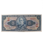 Numismática / Cédulas do Brasil. Cédula de 20 Cruzeiros, República dos Estados Unidos do Brasil, 1ª Estampa, Série 781A, número 012776. Anverso com efígie de Deodoro da Fonseca em medalhão central, ladeada por rosáceas com o valor facial 20; inscrições Tesouro Nacional, República dos Estados Unidos do Brasil e Vinte Cruzeiros - Valor Recebido. Reverso em tonalidade vermelha, apresentando composição alegórica alusiva à Proclamação da República, com figura feminina portando o livro Constituição Brasileira, ladeada pelas indicações do valor facial. Impressão pela American Bank Note Company. Brasil, circa 1958-1959.