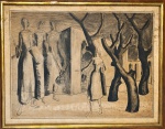 ILIO BURRINI : 'Sem título", aquarela e nanquim sobre papel , ass. inf. dir. e dat. 1956. Med. 90 x 66 cm  Me 100 x 76 cm (Nota Biográfica: Nascido em 1917 em Ghilarza, Sardenha, Ilio Burruni iniciou sua formação artística aos oito anos de idade, tornando-se aluno do renomado pintor Barão Manno. Pouco antes da Segunda Guerra Mundial, concluiu seus estudos em Direito, o que lhe permitiu ingressar na Marinha Italiana, enquanto frequentava simultaneamente a Escola de Belas Artes de Turim. Preso pelos britânicos durante a guerra, mudou-se para a Argentina em 1951, onde se dedicou principalmente à cerâmica, e posteriormente para o Brasil em meados da década de 1950. Foi no Rio de Janeiro que desenvolveu seu estilo pictórico, em contato com artistas renomados, com os quais expôs, como Volpi, Dijanira, Guignard, Cavalcanti, Portinari e Iberè Camargo. Lá, também conheceu Portinari, Iberè Camargo, Berti, o escritor Jorge Amado e o escultor Bruno Giorgi, que criou inúmeras obras na cidade de Brasília. Em 1962, expôs pela primeira vez na França e na Itália, antes de se estabelecer em Saint-Tropez em 1967 e, posteriormente, em Nice, perto de Matisse. Mas os invernos "monótonos" da Riviera não lhe agradaram; retornou à Itália e, em seguida, ao Brasil e ao Rio de Janeiro, de 1980 a 1987, onde se dedicou principalmente à pintura, com crescente sucesso, e à escultura. Em 1987, seu retorno à França o reconectou com o cenário artístico europeu. Em 1992, um amigo francês pediu-lhe que reproduzisse, a partir de fotografias, pinturas roubadas que retratavam seus ancestrais, de artistas famosos do século XIX. Isso o levou a inúmeras viagens e estadias em sua amada cidade de Saint-Tropez, onde teve a oportunidade de apresentar obras como "Retratos de Mulheres" e "Saint-Tropez" a um público internacional, no espírito artístico do início do século XX e na tradição de Signac e Seurat)(papel com sujicidade)