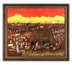 Manuel Garcia Moia ((Masaya, Nicaragua,1936 - Frederick, Estados Unidos, 2023) : "Paisagem Campesina", óleo s. eucatex , ass. inf. esq. e dat. 1988. Med. Mi. 50 x 60 cm Me 60 x 70 cm (Nota Biográfica: Manuel García Moia nasceu em 13 de junho de 1936, em Monimbó, um bairro indígena de Masaya. Pertencente ao povo Chorotega, foi criado na pobreza e aprendeu diversos ofícios. Começou a pintar como artista autodidata antes de ingressar na Escola Nacional de Belas Artes de Manágua em 1959, devido ao seu talento excepcional. Lá, Moia estudou teoria com o professor Rodrigo Penalba, figura proeminente e promotor da arte moderna na Nicarágua. Em 1973, fundou a Academia de Pintura Primitivista em Somoto. Assumiu o cargo de professor infantil na Escola de Belas Artes em 1978 e, posteriormente, trabalhou como palestrante para o Ministério da Cultura.