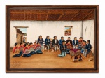 Juan José Miza Calel : "La ultima pedida de la novia en Comalapa": óleo s. tela , ass. inf esq. localizado "Comalapa" e dat. 1992. Med. 56 x 76 cm