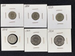 Moedas circuladas da Suíça, 5 Rappen – 1885, 5 Rappen 1898, 5 Rappen 1925, 10 Rappen 1938, 20 Rappen 1934, 20 Rappen 1938.