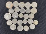 Moedas circuladas da Argentina entre 1950 e 1970, 5 centavos 1951, 5 centavos 1956, 5 centavos 1957, 10 centavos 1951, 10 centavos 1952 x 2, 10 centavos 1953, 10 centavos 1954 x 2, 10 centavos 1955 x 2, 10 centavos 1956 x 2, 10 centavos 1959 x 2, 20 centavos 1951, 20 centavos 1952, 20 centavos 1955, 20 centavos 1956, 20 centavos 1957, 20 centavos 1958, 20 centavos 1959, 1 peso 1959, 10 pesos 1963, 25 pesos 1965.