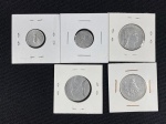 Moedas circuladas da Itália, 2 Liras 1953, 2 Liras 1957, 5 Liras 1948, 5 Liras 1949, 5 Liras 1950.