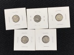 Moedas circuladas da Grã-Bretanha, 3 Pence 1931, 3 Pence 1933, 3 Pence 1934, 3 Pence 1936, 3 Pence 1937.