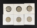 Moedas circuladas da Grã-Bretanha, One Shilling 1961, One Shilling 1958, One Shilling 1954, One Shilling 1955, One Shilling 1953, One Shilling 1949.