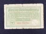 Cédula de 50 (Fünfzig) Reichspennig – Segunda Guerra Mundial – Alemanha – Bastante desgastada, podendo apresentar perdas e rasgos.