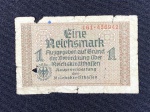 Cédula de 1 (Eine) Reichsmark – Segunda Guerra Mundial – Alemanha – Bastante desgastada, podendo apresentar perdas e rasgos.