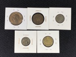 Moedas circuladas da França, 10 Cent 1809 A (Paris) – Emperador Napoleão, 10 Cent 1809 M (Metz) – Emperador Napoleão, Cinq Centimes 1854 – Emperador Napoleão III, Diz Centimes 1852 – Emperador Napoleão III, 1 Franc Bon Pour 1924.