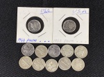Moedas circuladas dos Estados Unidos da América, de 10 Cents (Mercury Dime) de prata (2,5 gamas cada - .900 prata e .100 cobre), 1935, 1941 x 2, 1942, 1943 x 3, 1943 – D, 1944 x 2, 1945, 1945 – D.