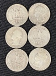 Moedas circuladas dos Estados Unidos da América, de 25 Cents (Washington Quarter) de prata (6,25 g cada - .900 prata e .100 cobre), 1932 (rara), 1935 D, 1936 D, 1942 S, 1945 D, 1956 D.