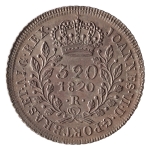 Brasil, 320 Réis, 1820R. Prata. AI P470; Aranha 4A (RRR). FC. Dupla batida. Disco grande. Variante e