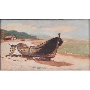 Virgílio Lopes Rodrigues (1863  1944) Barco na areia, o.s.m.  26 x 43 cm MI e 42 x 59 cm ME. Ass