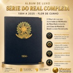Álbum de LUXO Nº 4 - Moedas do Real - COMPLETO e 100% FLOR DE CUNHO - 1994 a 2025 - Álbum Novo - Todas as 185 Moedas cunhadas do Real cunhadas até o momento no estado Flor de Cunho. Album de Luxo 1994 a 2029 + Case + Moedas Normais + Moedas de Baixa tiragem + Comemorativas - DH, 0.10 e 0.25 FAO, 16 Modalidades Olimpicas, Bandeira, JK, BC 40, BC 50, 2019 letra A, Beija Flor  as Rarissimas do Real. Absolutamente todas as moedas. Fantástico e unico exemplar - Existem moedas com dificuldade extrema de se encontrar no estado FC, entre elas toda a serie 1998/1999/2000/2001/2006 e 2007 + 5 centavos 2008 e 50 centavos 1998/2000 e 2001 de Cupro Niquel. Somente a Série 1999 custou R$ 1.500.00. Medidas do Case com Album: Valor de catálogo das moedas sem o álbum R$ 12.000.00 - 26.5cmx22cmx4cm - Peso 2.11Kg.