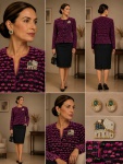 CELENA paris, elegante casaco feminino em tweed fantasia de trama aberta, com fundo preto e fios fel