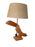 Grande abajur montado com linda escultura em madeira maciça representando tucano , nova cúpula e instalação , nunca usado, mede 60x80 cm altura com cúpula nova em linho 