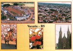 Cartão Postal Vacaria, RS - Parque dos Rodeios, Vista aérea parcial, Rodeo Crioulo Inrternacionl, Maçã (simbolo da economia). Catedral NS. da Oliveira, Editora Postais do Brasil ref.001, sem uso