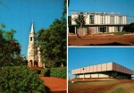 Catão Postal Porecatu, PR - Aspectos da cidade; 1- Igreja Matriz N.S. Aparecida, 2- Paço Municipal, 3- Ginásio de Esportes Isac Tabur, Editora Postal Cultural, sem uso