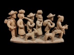 Arte popular - Grupo escultórico em barro cozido, assinado J. Zé Francisco, 26 x 5 cm/ 14,5 cm alt. (peça com sujidades, artesanal pode ter defeitos e falhas)