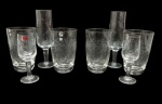 Conjunto com 4 copos clássicos de cristal nacional vintage Hering, com detalhes lapidados à mão, 7,5 cm d/12 cm alt. e par de tacinhas e par de flutes em cristal nacional marca Reinoso, 3,5 cm d/ 11,5 cm alt. e 4,5 cm d/ 16,5 cm alt.