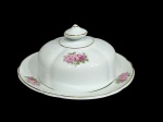 Manteigueira em porcelana vintage nacional, com decoração floral, marca Real.