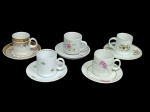 5 xícaras para cafezinho com seus respectivos pires em porcelana vintage, das marcas: Schmidt, Renner, Pozzani e Steatita.