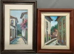  2 Quadros Óleo s/ eucatex, decorativos: `casarios` com assinatura ilegível - 40 cm x 19 cm (sem moldura) e 60 cm x 40 cm (com moldura) e 1 Quadro Óleo s/ tela, assinado: J. Junior, datado 1994 - 33 cm x 24 cm (sem moldura) e 52 cm x 42 cm (com moldura).