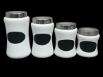 4 porta-condimentos em cerâmica esmaltada com tampa em inox e visor em plástico duro - 9 cm d (bocal)/ 20,5 cm alt o maior.