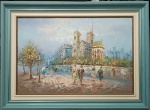 Quadro Óleo s/ tela, de paisagem parisiense com a catedral de Notre Dame ao fundo, sem assinatura - 60 cm x 90 cm (sem moldura) e 84 cm x 114 cm (com moldura).